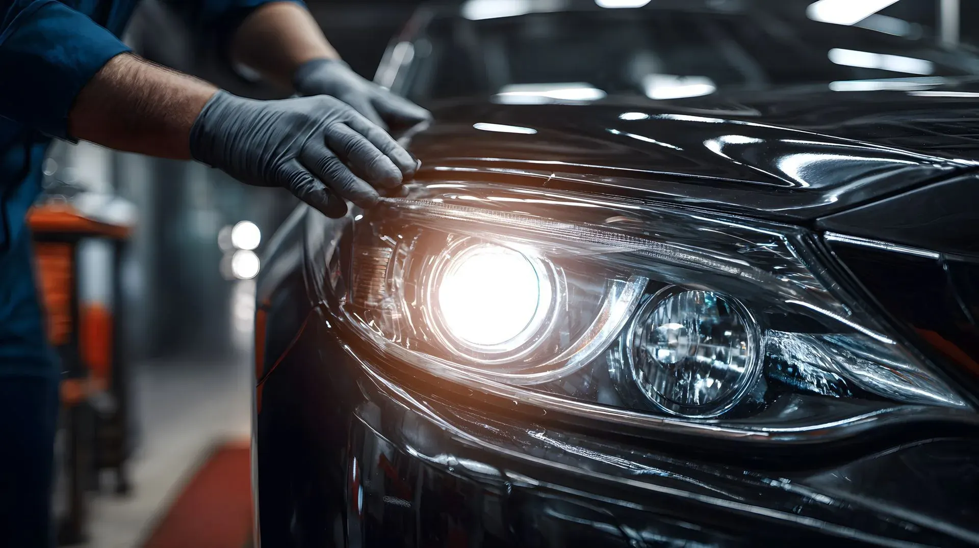 Technician in blue shirt and black gloves inspecting illuminated headlight on black vehicle in workshop
