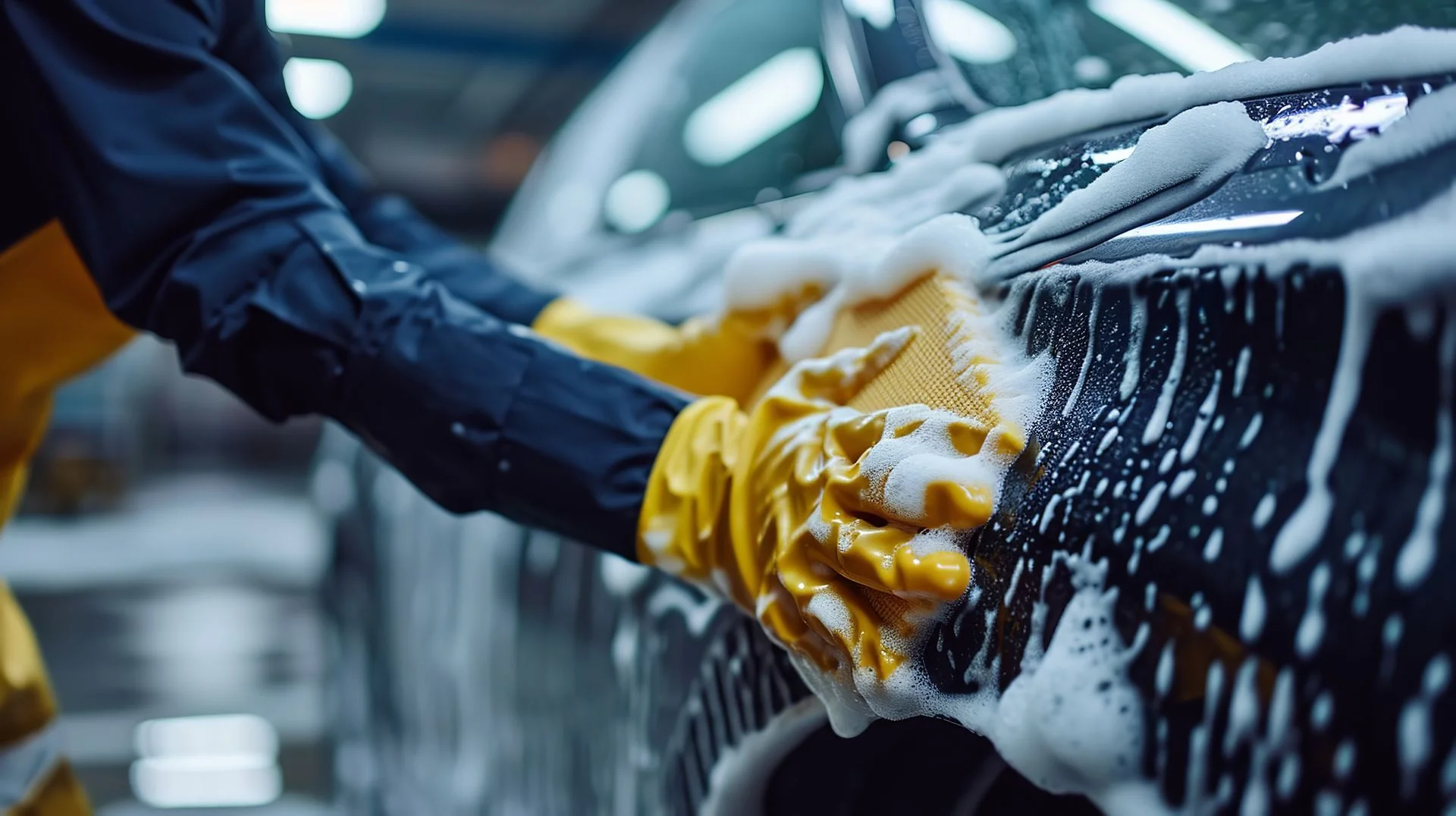 Person washing car with yellow brush and soapy water