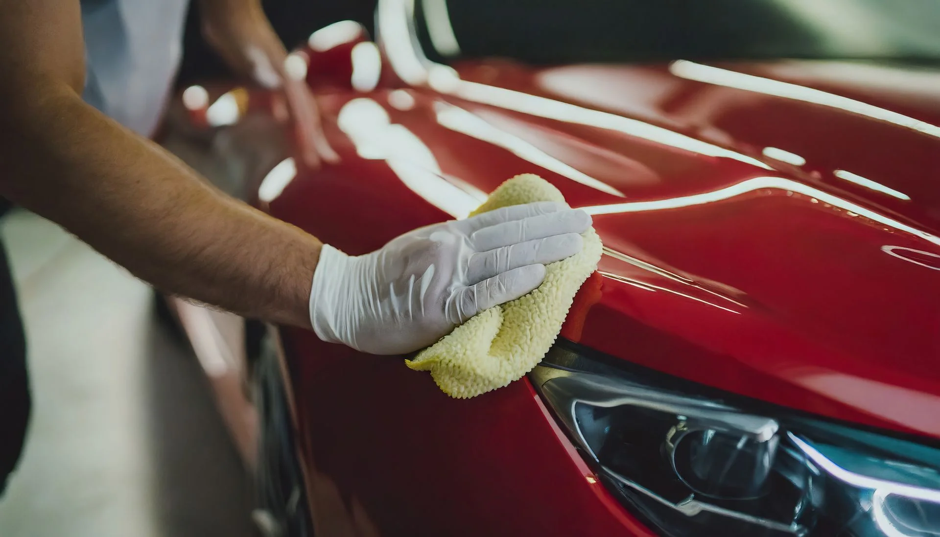 Worker polishing red car hood with yellow microfiber cloth and white gloves
