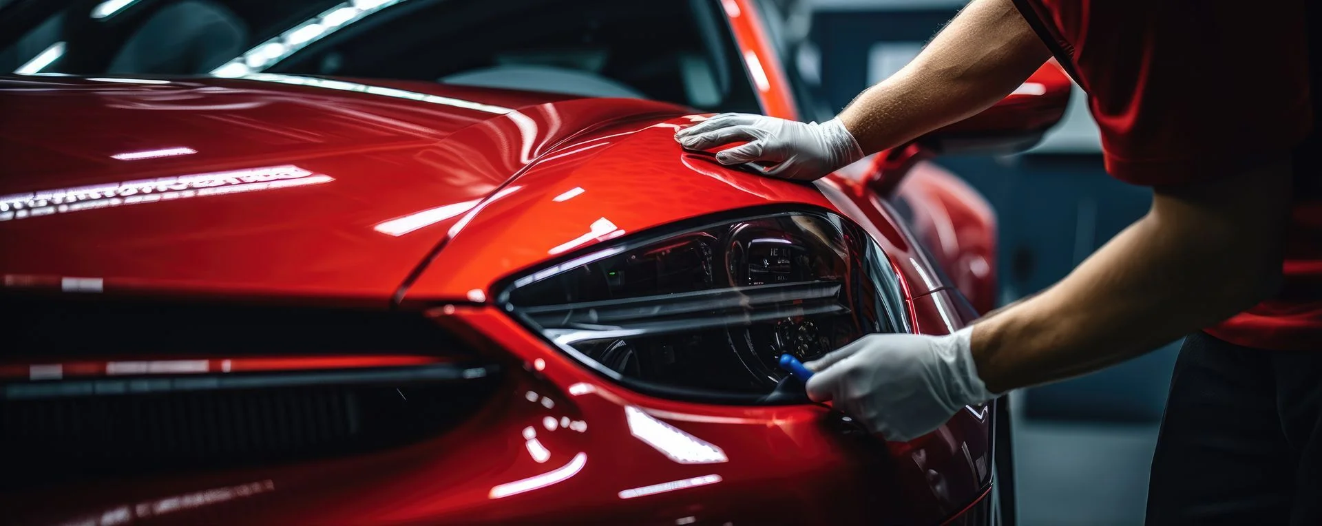 Technician in white gloves inspecting red car's headlight during quality control